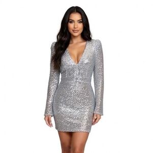Lulus Silver Sequin Bodycon Mini Dress Size XS Long Sleeve V-Neck Lined NWT